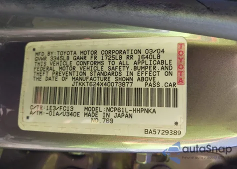 2004 Scion Xa from USA, damaged, VIN JTKKT624X40073877